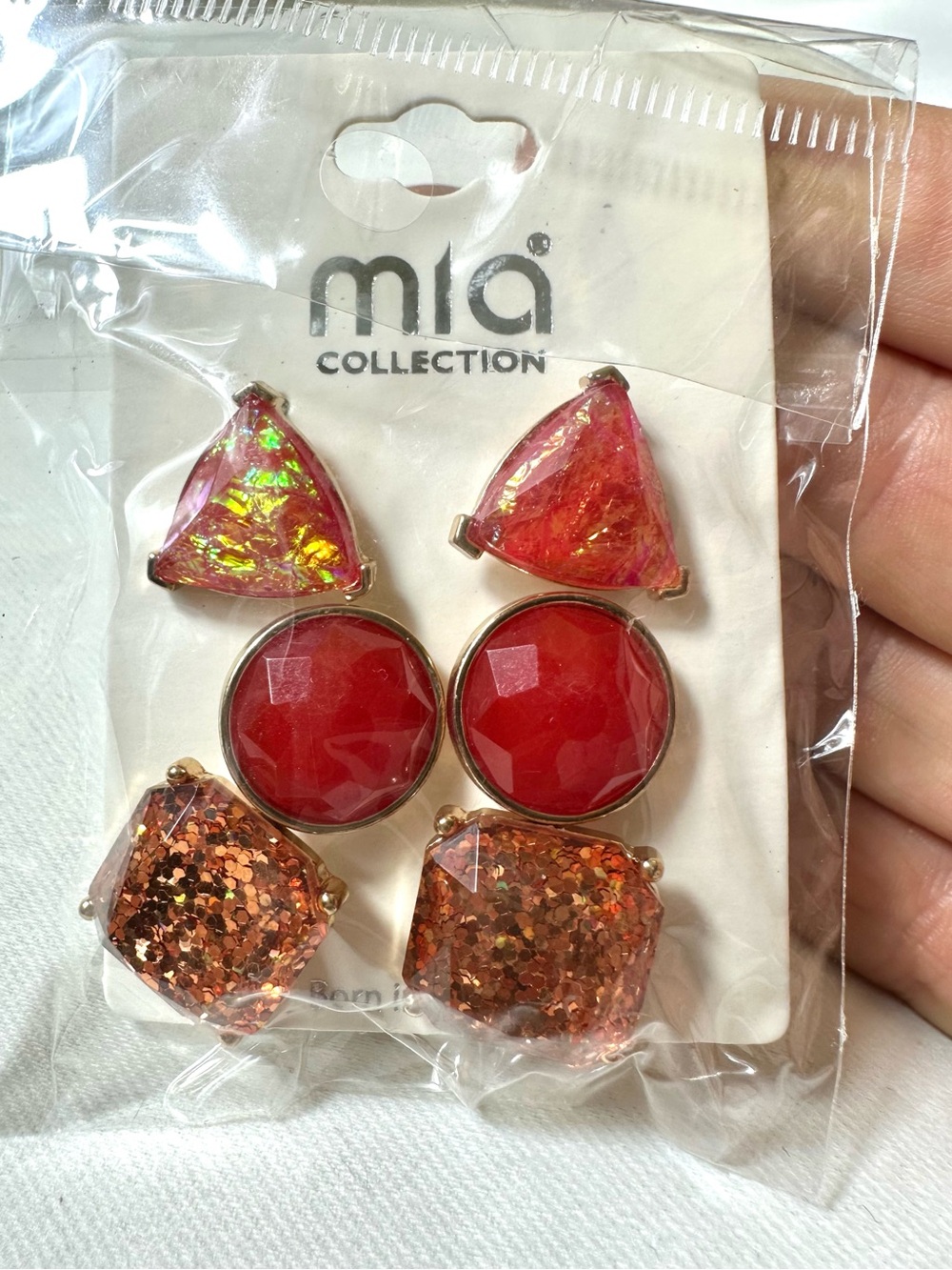M46. Mia Collection 3 Pair Red Pink Glitter Iridescent Stud Earring Set NWT